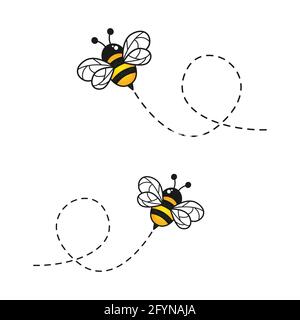 Niedliche Bienen mit gepunkteten Linien. Vektorgrafik isoliert auf Weiß Stock Vektor