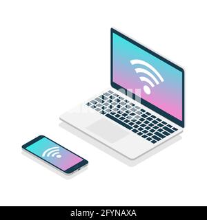 Laptop und Smartphone im isometrischen Stil. Tragbare 3d-Geräte mit Wi-Fi-Schild. Stock Vektor