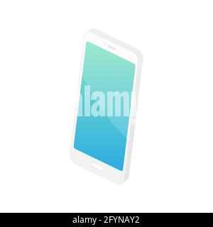 Isometrisches weißes Telefon. 3d-Mobiltelefon mit blauem Farbverlauf und leerem Bildschirm. Digitales Technologiekonzept. Stock Vektor