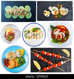 Meeresfrüchte. Collage aus verschiedenen Tellern von Tintenfischen und Tintenfischen auf weißem Hintergrund Stockfoto