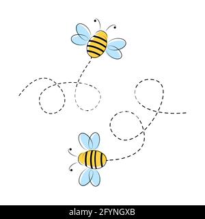 Niedliche Bienen mit gepunkteten Linien. Vektorgrafik isoliert auf Weiß Stock Vektor