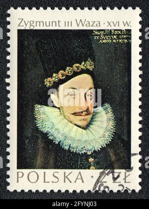 Eine in Pfland gedruckte Briefmarke zeigt das Porträt von Sigismund III. Vasa, Gemälde von Marcin Kober, 16. Jahrhundert, um 1975 Stockfoto