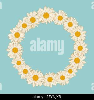 Blumenkranz mit Kamillen auf puderblauem Hintergrund. Vektor-Illustration-Element mit Kopierfläche, kann für Grußkarten, Einladungen, Hochzeit, Geburtstag, ostern, Verpackungsdesign. Stock Vektor