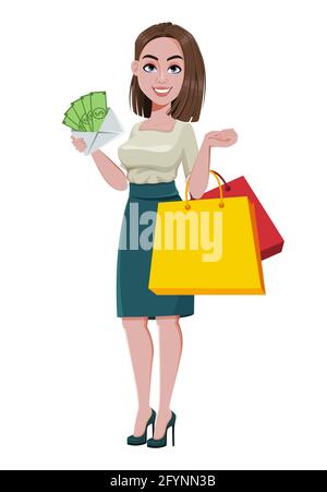 Junge erfolgreiche Geschäftsfrau geht einkaufen. Nette Geschäftsfrau Cartoon-Figur. Vektorgrafik auf weißem Hintergrund Stock Vektor