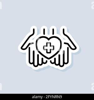 Erste-Hilfe-Aufkleber. Hände halten Herz mit Kreuz. Logo der medizinischen Apotheke. Vektor auf isoliertem Hintergrund. EPS 10. Stock Vektor