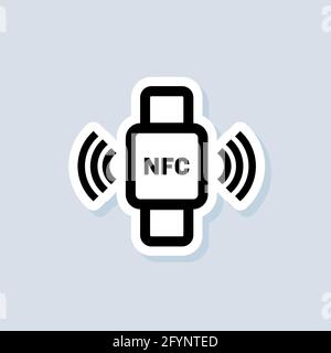 Aufkleber für kontaktlose Zahlung. NFC-Armband mit Smartphone-Symbol verbunden. NFC-Telefon synchronisiert mit Smartwatch. Drahtlose Zahlung. Kontaktlos bargeldlos Stock Vektor