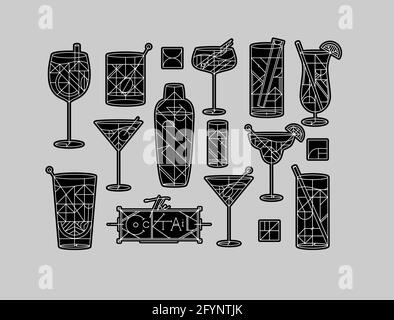Art déco-Cocktails in Linienform auf Grau Hintergrund Stock Vektor