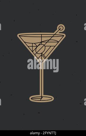 Art Deco Cocktail Dirty martini Zeichnung in Linie Stil auf Dunkler Hintergrund Stock Vektor