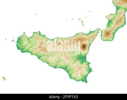 Physische Karte und Satellitenansicht der Region Sizilien, Italien. Vulkan, Ätna. 3d-Rendering Stockfoto