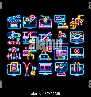 Motion Design Studio – Illustration mit Leuchtreklamen in Neonfarben Stock Vektor