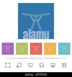 Zusammenklappbarer Wäschetrockner mit flachen weißen Symbolen auf quadratischen Hintergründen. 6 Bonus-Symbole enthalten. Stock Vektor