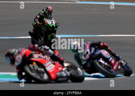 Estoril, Portugal. Mai 2021. Der Brite Jonathan Rea vom Kawasaki Racing Team WorldSBK tritt am 29. Mai 2021 beim Rennen 1 der FIM Superbike-Weltmeisterschaft Estoril auf dem Circuito Estoril in Cascais, Portugal, an. Quelle: Pedro Fiuza/ZUMA Wire/Alamy Live News Stockfoto