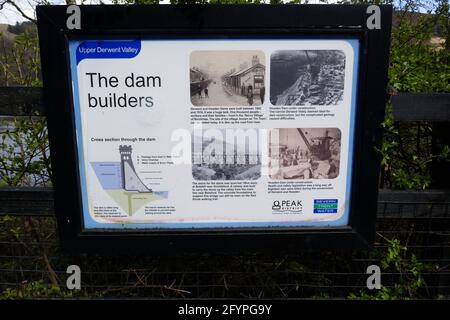 Schild, das den Bau des Derwent Reservoir und Staudamms, Ladybower, Peak District, Derbyshire, Großbritannien, erklärt Stockfoto