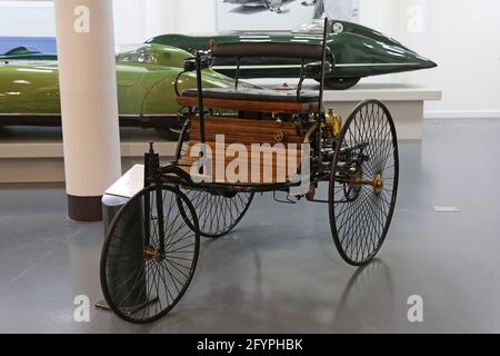 Benz (1886, Nachbildung), British Motor Museum, Gaydon, Warwick, West Midlands, England, Großbritannien, Großbritannien, Europa Stockfoto