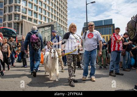 Westminster, London, Großbritannien. 29 Mai 2021. Tausende von Nichtimpfungs-Demonstranten marschieren im Zentrum Londons durch die Straßen und fordern die Regierung auf, die Vorschriften für die Covid-Impfung, das Tragen von Masken, Reisen und soziale Distanzierung zu lockern. Slogans und Plakate, die sagen, Covid sei ein Schwindel, Nein zum Impfpass, vereint für Freiheit. Stockfoto