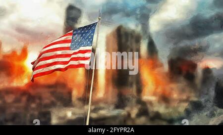 Flagge Amerikas vor dem Hintergrund der apokalyptischen Stadt. Künstlerische Arbeit Stockfoto