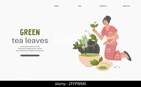 Grüner Tee Website Banner-Design mit weiblichen Charakter, flache Vektor-Illustration. Landing-Page-Vorlage für grüne oder Matcha-Getränke. Stock Vektor