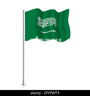 Die Flagge Saudi-Arabiens winkt auf einem Metallmast. Die offizielle Flagge des Königreichs Saudi-Arabien, isoliert auf weißem Hintergrund. Stock Vektor