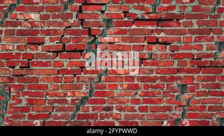 Hintergrund rote Ziegelwand mit Riss Kopie Raum. Hintergrund für Text. Textur einer Wand aus antiken Ziegeln. Stockfoto