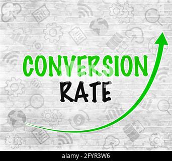Conversion Rate modernes Backdrop-Design mit Icons an einer Wand. Abstrakter Blogging oder Website-Konzept Hintergrund Stockfoto