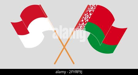 Gekreuzte und winkende Flaggen von Weißrussland und Indonesien. Vektorgrafik Stock Vektor