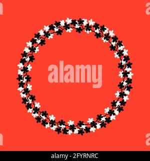 Farbenfrohe Blumenkränze. Zarter Kranz aus Sakura-Zweigen. Blumen blühen von Hand gezeichnet, Kreis Rahmen von schwarzen und weißen Blumen auf Korallen. Design für i Stockfoto