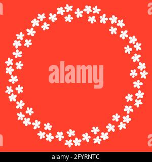 Farbenfrohe Blumenkränze. Zarter Kranz aus Sakura-Zweigen. Blumen blühen von Hand gezeichnet, Kreis Rahmen von weißen Blumen auf Korallen. Design für die Einladung, Stockfoto