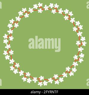 Farbenfrohe Blumenkränze. Zarter Kranz aus Sakura-Zweigen. Blumen blühen von Hand gezeichnet, Kreis Rahmen von weißen Blumen auf oliv. Design für die Einladung, Stockfoto