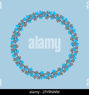 Farbenfrohe Blumenkränze. Zarter Kranz aus Sakura-Zweigen. Blumen blühen von Hand gezeichnet, Kreis Rahmen aus Cyan und grauen Farben Blumen auf Heavenly. Des Stockfoto