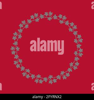 Farbenfrohe Blumenkränze. Zarter Kranz aus Sakura-Zweigen. Blumen blühen von Hand gezeichnet, Kreisrahmen von grauen Blüten auf Malve. Design für Invites Stockfoto