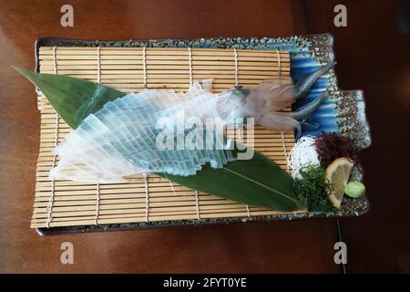 Frischer Tintenfisch-Sashimi in Yobuko, Kyushu, Japan Stockfoto