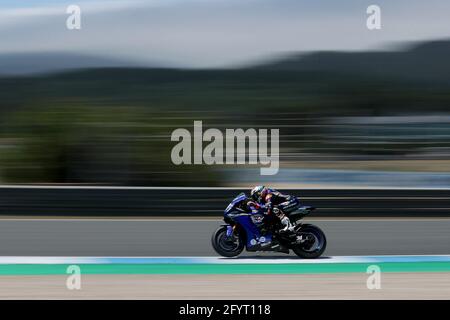 Cascais. Mai 2021. Garrett Gerloff aus den USA und das GRT Yamaha WorldSBK Team starten am 29. Mai 2021 beim Rennen 1 der FIM Superbike World Championship Estoril Round auf dem Circuito Estoril in Cascais, Portugal. Quelle: Pedro Fiuza/Xinhua/Alamy Live News Stockfoto