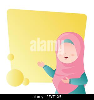 Junge schöne Mädchen trägt Hijab stehen vor einem leeren gelben Brett. Cartoon-Figur mit Emotion und Körpersprache Illustration Stock Vektor