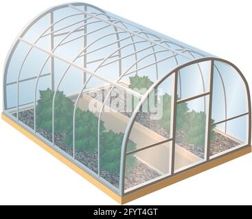 Isometrisches 3d realistisches Vektor-Gewächshaus mit Pflanzen und Glas. Isoliertes Illustrationssymbol auf weißem Hintergrund. Stock Vektor