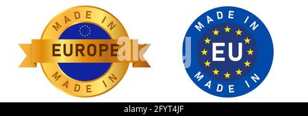 Made in Europe EU-Label-Stempel für Produkt Hergestellt von der europäischen Firma versiegeln goldenes Band und Flagge Stock Vektor