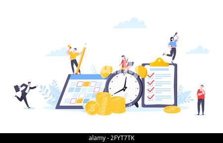 Zeit ist Geld oder Geld sparen Geschäftskonzept. Kleine Leute, die mit Uhr, Kalenderplan und Checklisten-Symbol arbeiten. Zeitmanagement im flachen Stil vec Stock Vektor