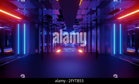 Eine 3D-Wiedergabe der futuristischen leuchtenden neonblauen Lichter Tunnel Stockfoto