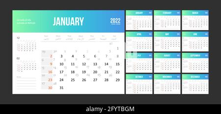 Hijri islamischer Kalender 2022. Von 1443 bis 1444 Vektor-Feier-Vorlage mit Woche ab Sonntag auf einfachem Hintergrund. Flacher, minimaler Schreibtisch oder Stock Vektor