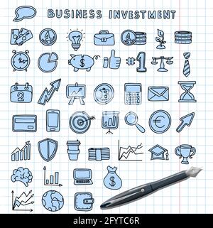 Symbole für Finanzanlagen. Vektor handgezeichnete finanzielle Symbole. Eine große Menge von Bildern für Unternehmen. Stock Vektor