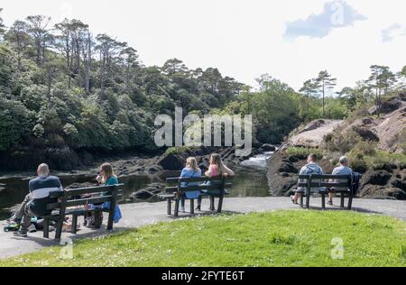 Glengarriff, Cork, Irland. Mai 2021. An einem sonnigen Tag mit Blick auf den Blue Pool in Glengarriff, Co. Cork, Irland, entspannen sich Besucher auf der Sonnenbank. - Credit; David Creedon / Alamy Live News Stockfoto