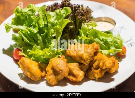 Frittiertes Huhn (Karaage) mit Salat Stockfoto