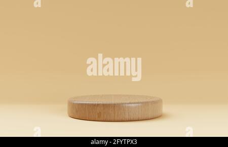 Ein brauner hölzerner runder Zylinder prodEin brauner hölzerner runder Zylinder Produkt Bühne Podium auf orangefarbenem Hintergrund. Minimalistisches Modethema. Geometrieexponat Stockfoto