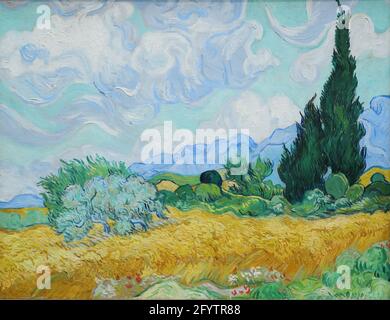 The Wheatfield with Cypresses von Vincent van Gogh, dem holländischen Maler des Post-Impressionismus, in der National Gallery, London, Großbritannien Stockfoto