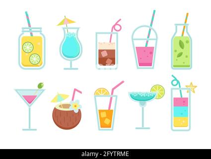 Set von alkoholfreien und alkoholischen Getränken im Sommer. Stock Vektor