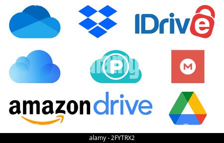 Vinnytsia, Ukraine - 28. Mai 2021: Satz von Cloud-Speicher-Logos. Dropbox, Google Drive, Microsoft OneDrive, iCloud, pCloud, Amazon Drive, iDrive Mega Ed Stock Vektor