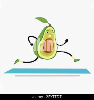 Avocado Laufen oder Joggen auf dem Laufband Cartoon. Gesunder Sport im Fitnessstudio, lustige und glückliche Früchte für die Gesundheit, lustiges Fitnesstraining. Vektor illustrr Stock Vektor