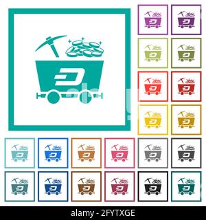 Dash Kryptowährung Mining mit Schatz flache Farbe Symbole mit Quadrant Rahmen auf weißem Hintergrund Stock Vektor