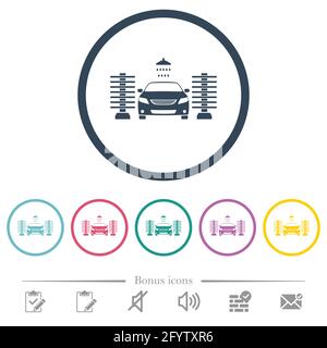 Flache Farbsymbole für die Autowäsche in runden Umrissen. 6 Bonus-Symbole enthalten. Stock Vektor