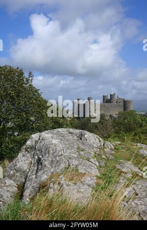 Harlech Castle und Cross Stockfoto