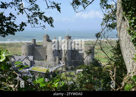 Harlech Castle und Cross Stockfoto